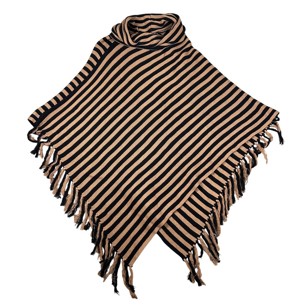 The Limited oversize Stripe Poncho Sweater Black Tan Fringe‎ Turtleneck XS/S